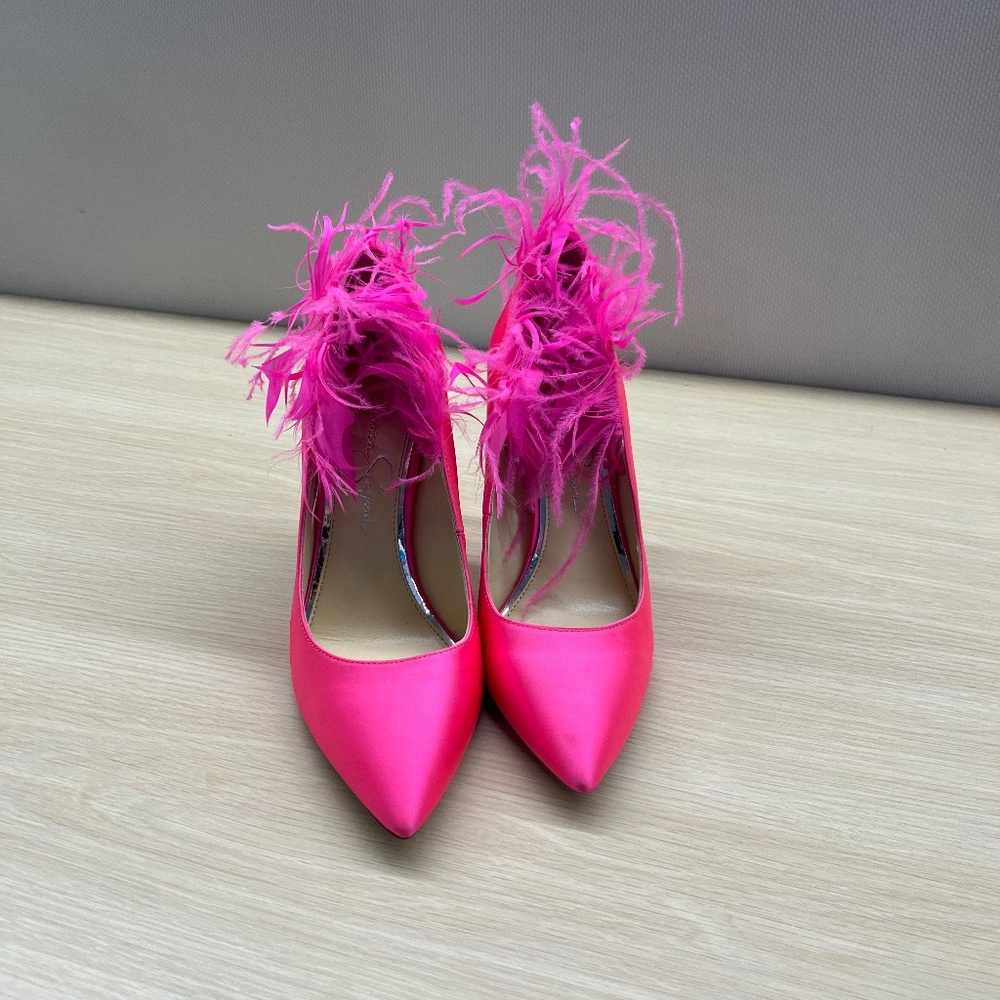 Pink Satin & Leather  Feather Heels 7.5